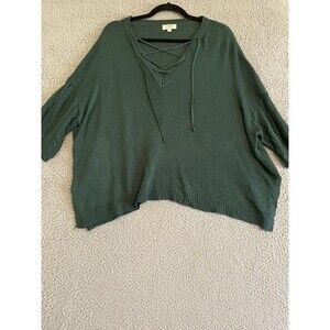 Umgee USA Green Sweater V Neck Womens Size Large Lace Up  Neck 3/4 Sleeve